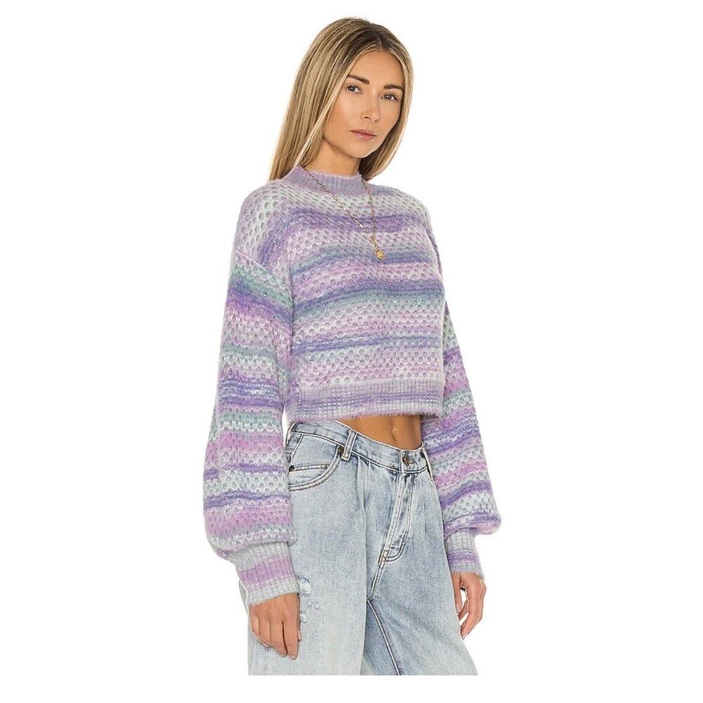 For Love and Lemons Lavender Multi-Striped Cropped Crewneck Sweater